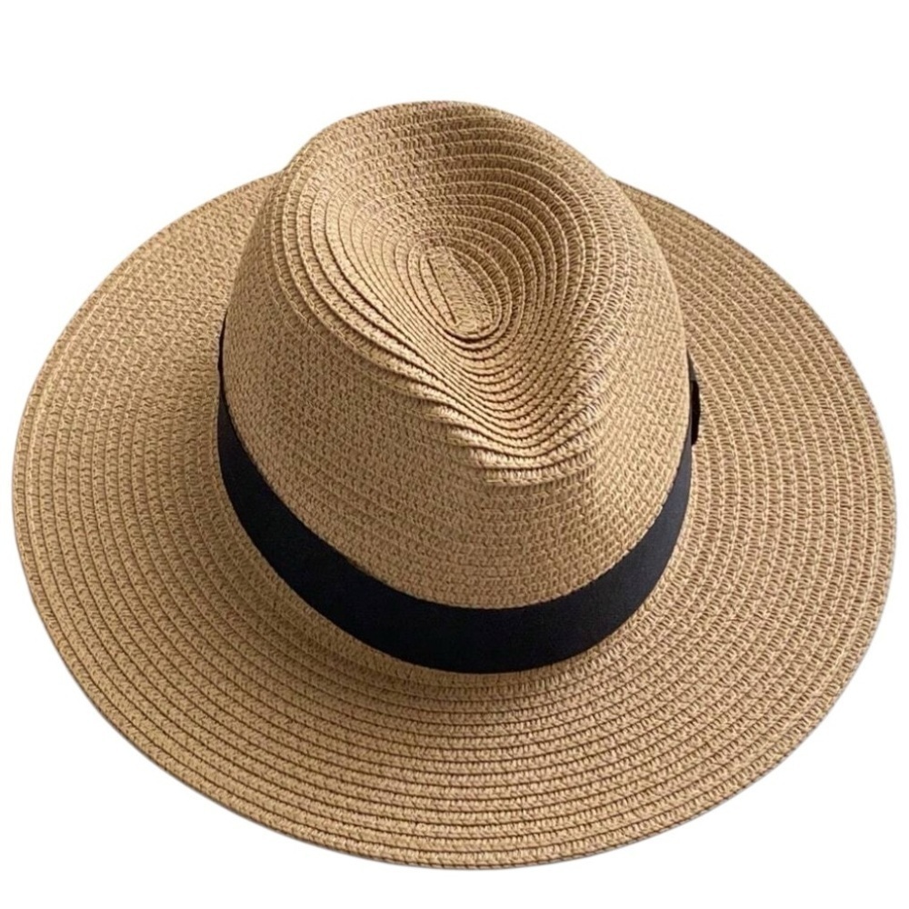 Straw Sun Hat Tan Fedora with Black Sash New with Tags One Size Adjustable Band - Picture 3 of 15